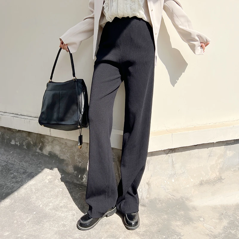 轻奢设计雅～松紧腰竖条纹高弹力显瘦直筒休闲裤黑