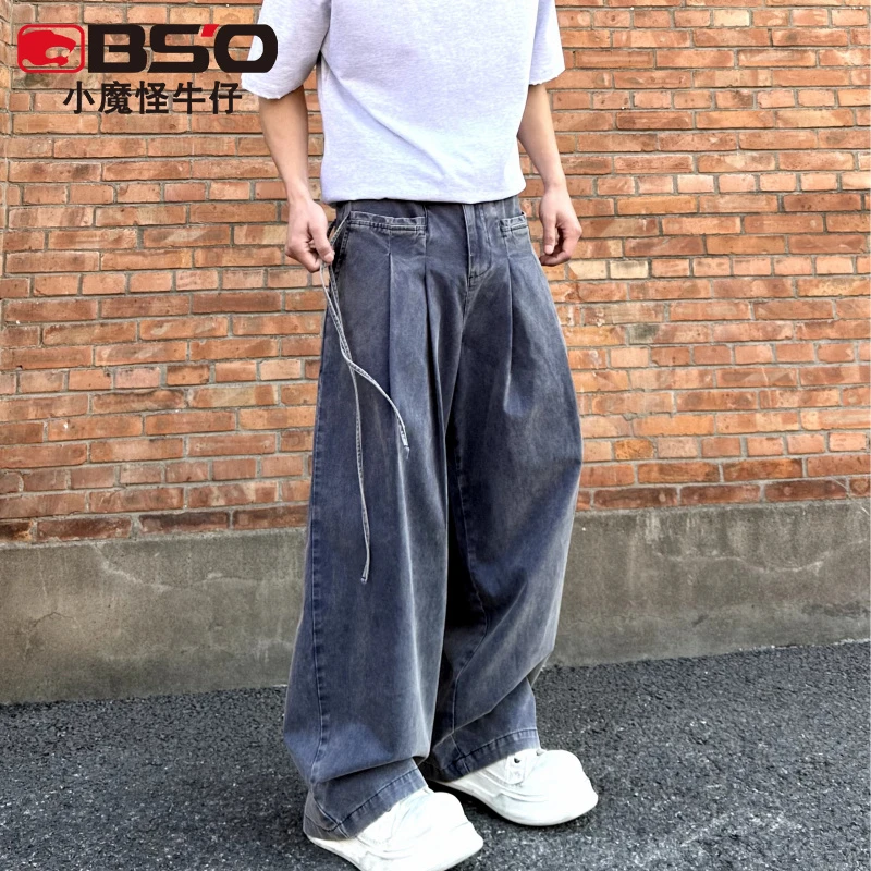 小魔怪2025春季新款美式高街牛仔裤男潮牌宽松直筒蓝灰色水洗长裤