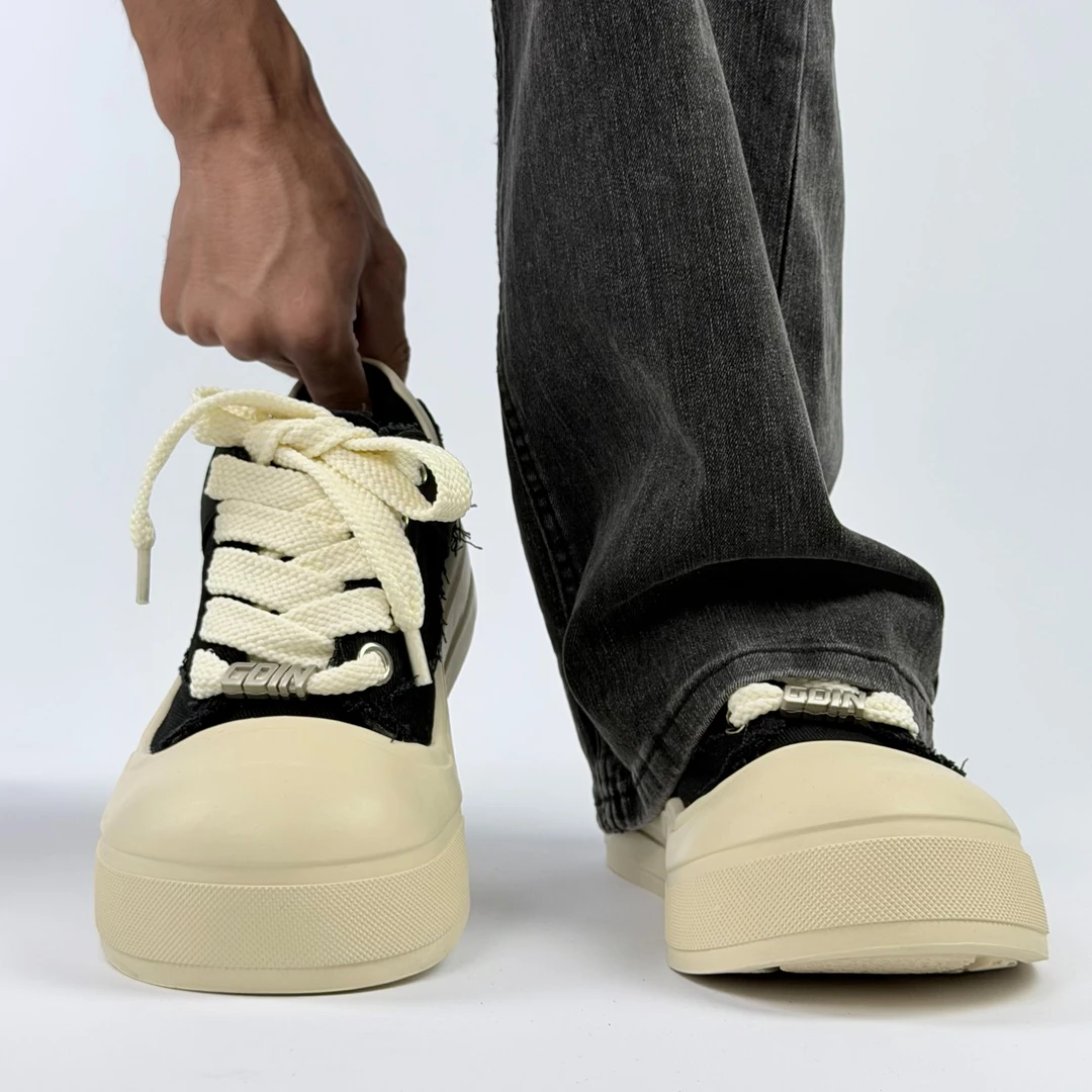 美式大头米奇板鞋男厚底增高学生黑白帆布鞋情侣百搭款丑萌休闲鞋