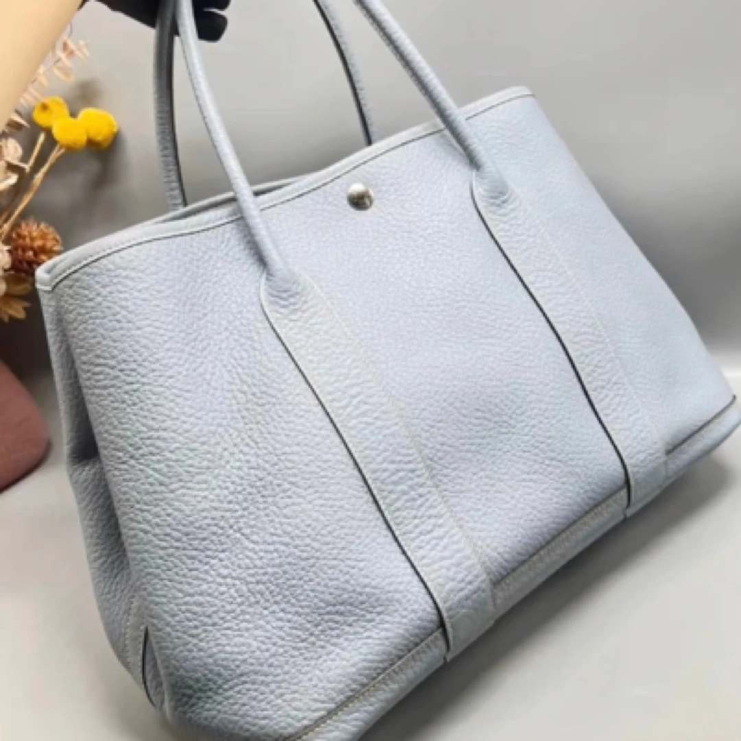 95新 Hermes/爱马仕 花园36雾霾蓝银扣tc皮Q手提包