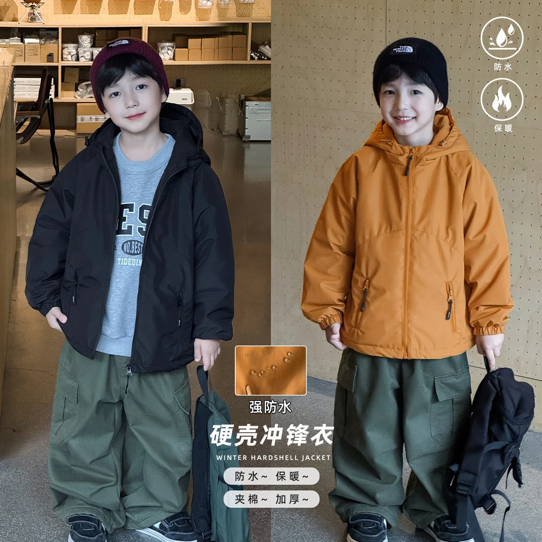 男童冬季新款洋气纯色宝宝冲锋衣加厚连帽防水儿童棉衣潮