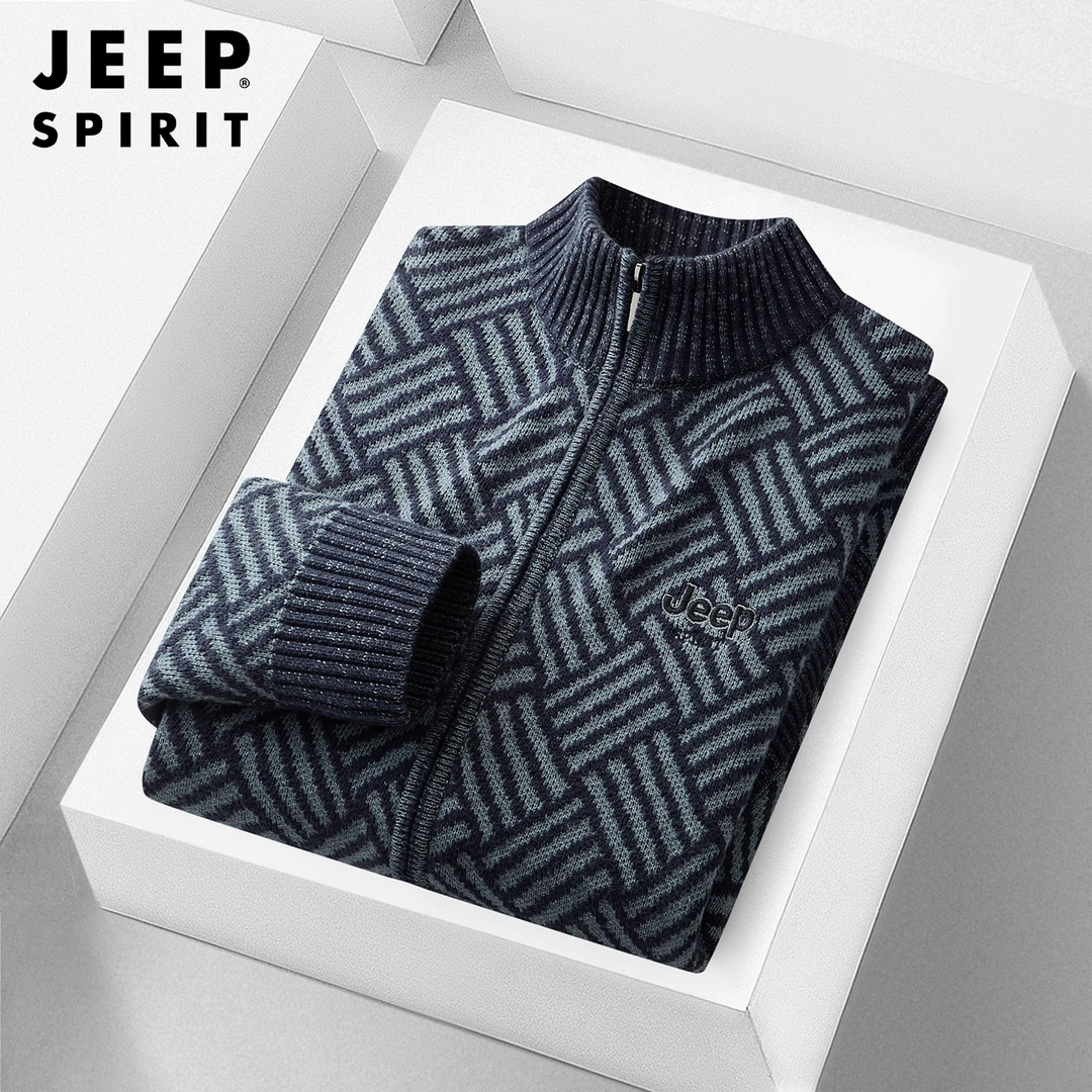 JEEP SPIRIT冬季男拉链针织开衫高档加厚保暖时尚休闲半高领毛衣