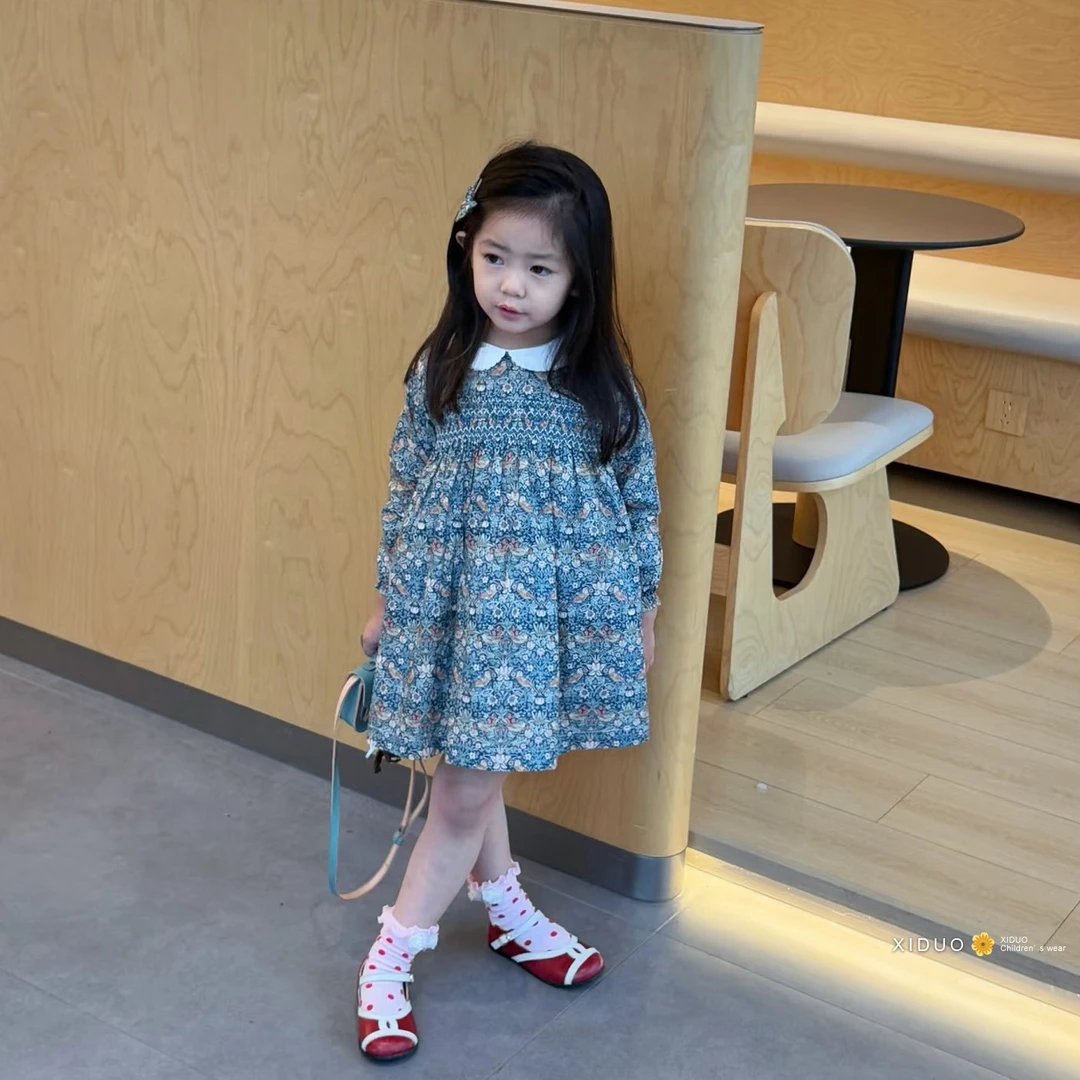 女童连衣裙森系碎花裙早秋新款女宝宝打揽田园风娃娃领长袖公主裙