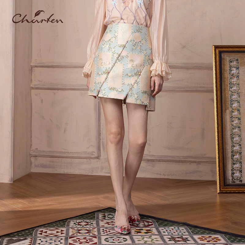 【媛媛专享】朝峰法式复古提花开叉包臀半身裙CFD1B117-1099E