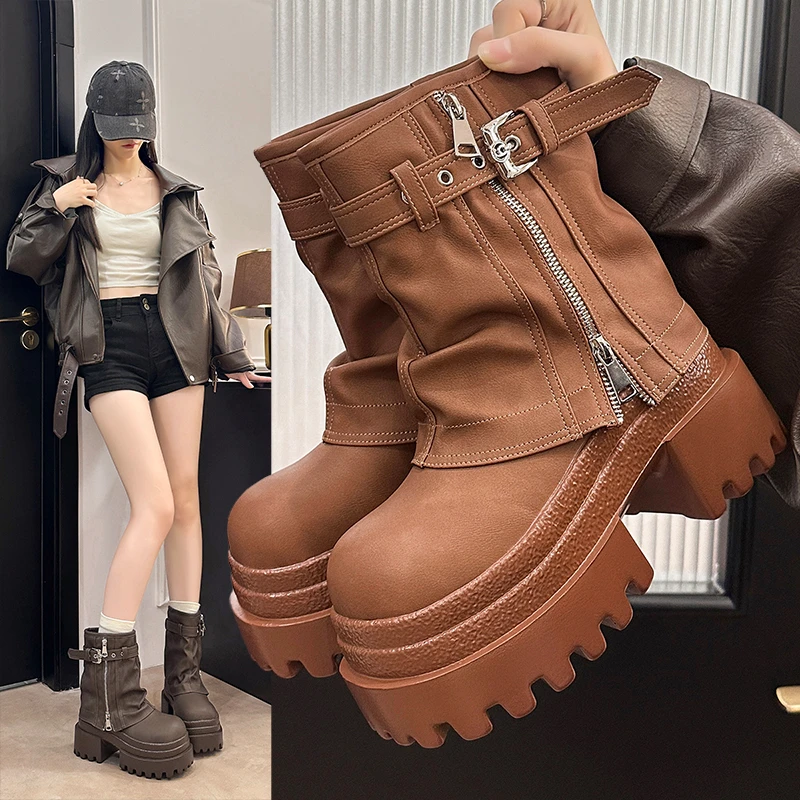 增高9cm裤管靴女2025秋季新款小个子粗跟西部短靴松糕厚底马丁靴