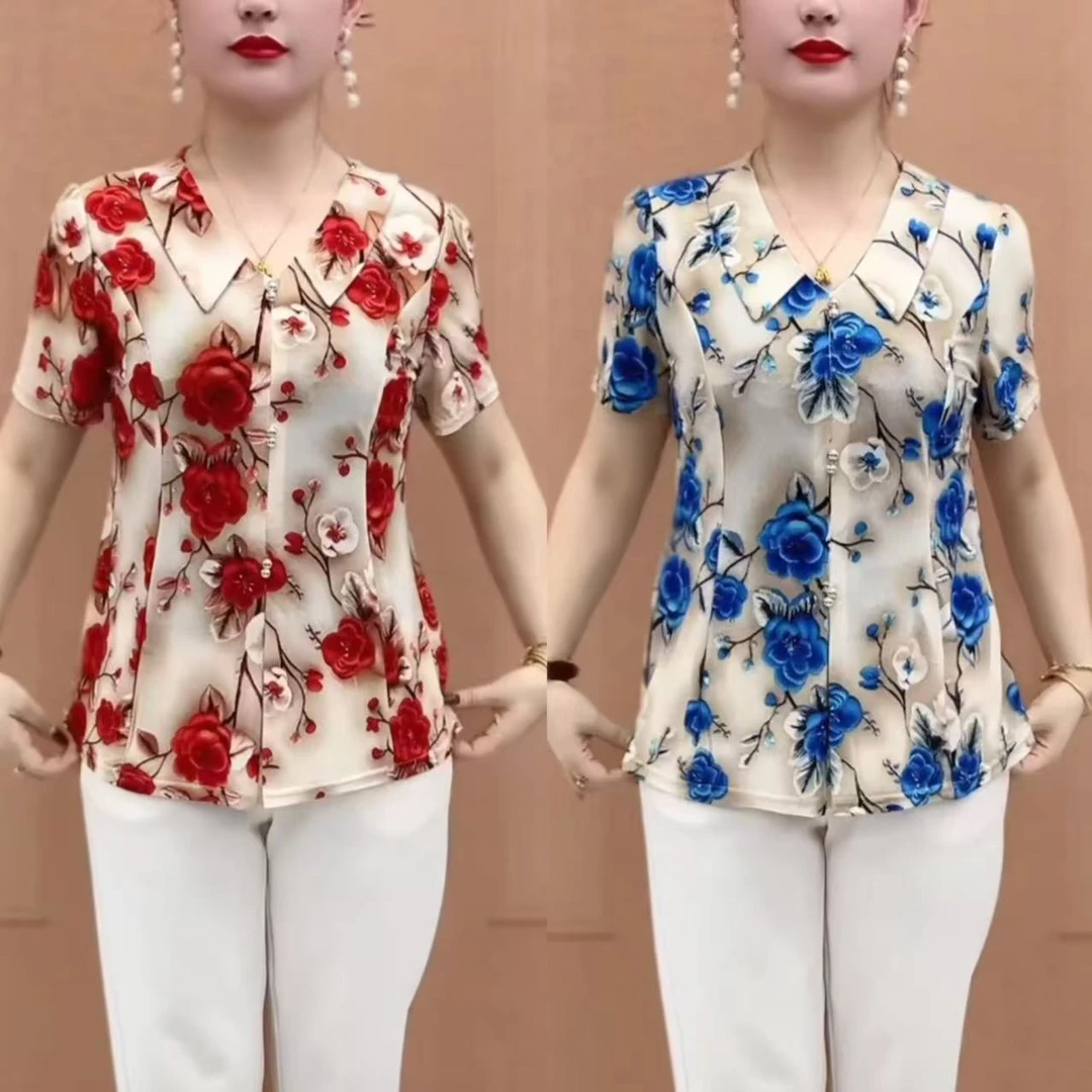 2025夏季新款娃娃领印花洋气显瘦百搭上衣中老年时尚气质遮肚77