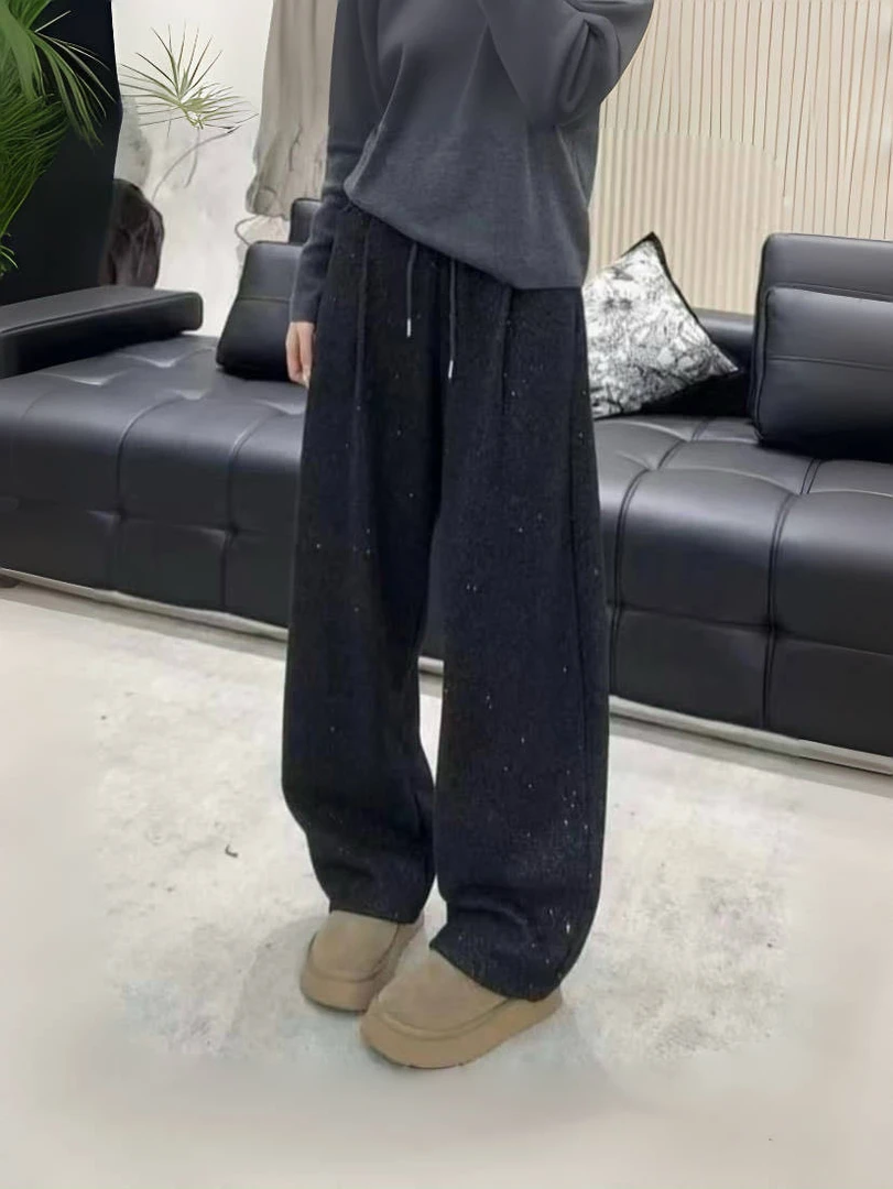 秋季黑色小个子糯米裤女款高腰垂感亮片直筒裤慵懒宽松显瘦阔腿裤