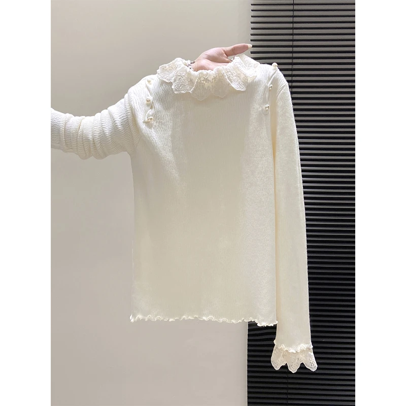 半高领蕾丝拼接木耳边长袖针织衫女秋冬新款内搭加绒加厚打底上衣
