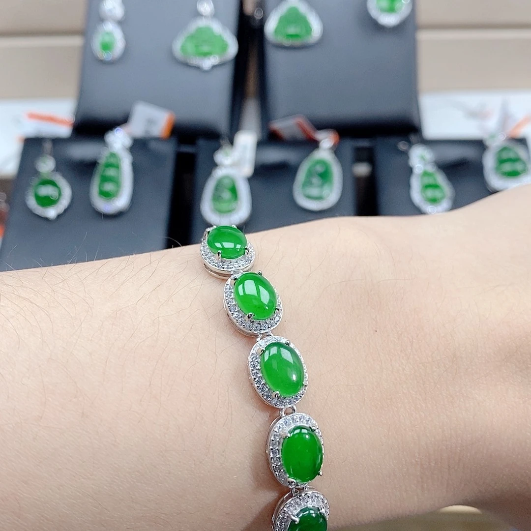 翡翠银S925镶嵌手链天然翡翠