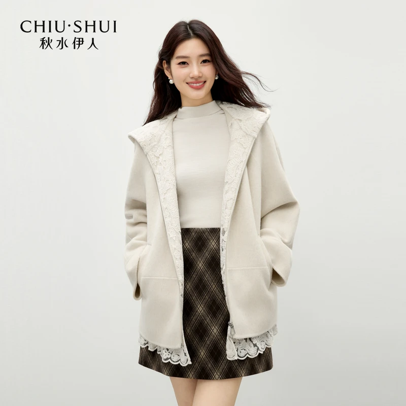 【小铃铛】秋水伊人大衣连帽拼接蕾丝毛呢外套625410C321303