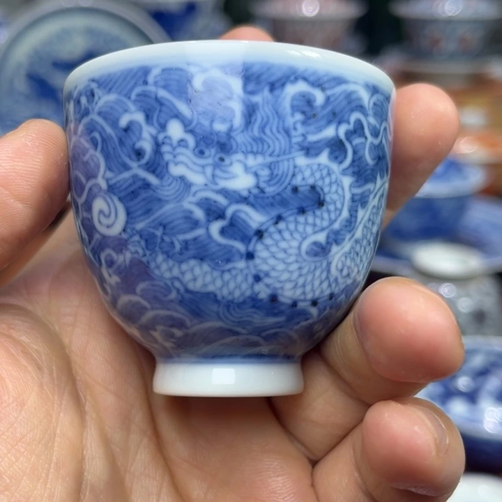 摆件陶景德镇青花海水龙杯杯