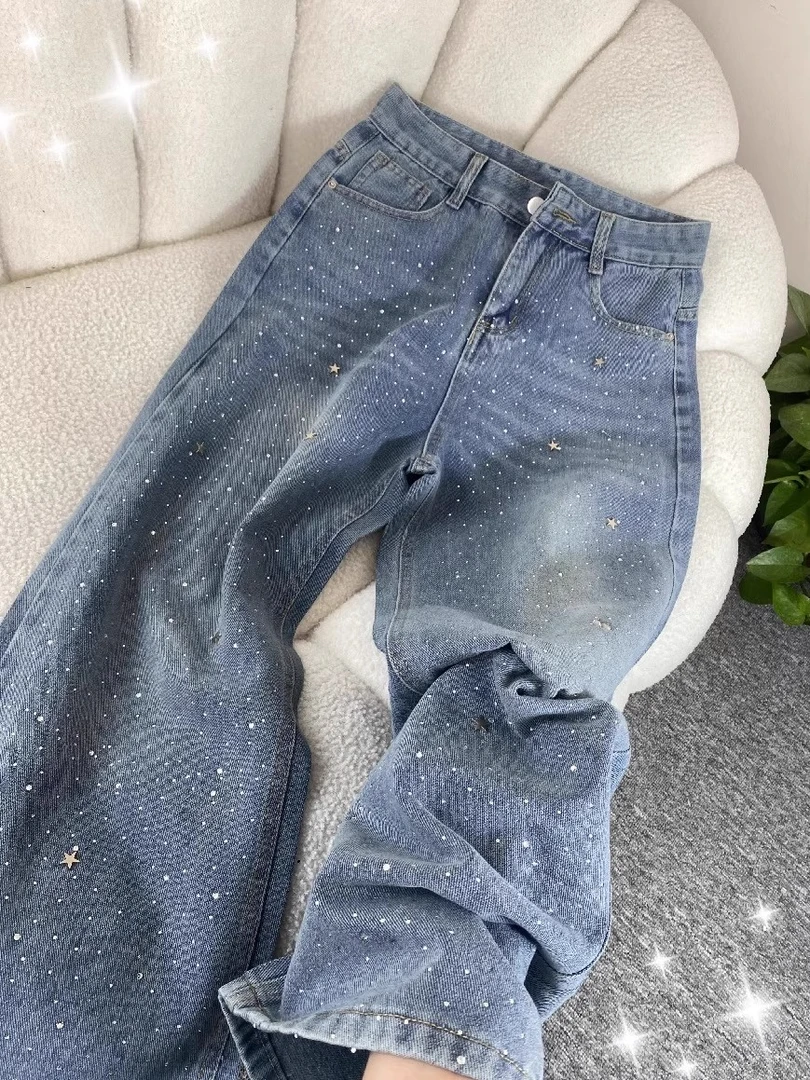 烫钻Bulingling微闪牛仔裤女2025年流行新款小众宽松阔腿直筒长裤