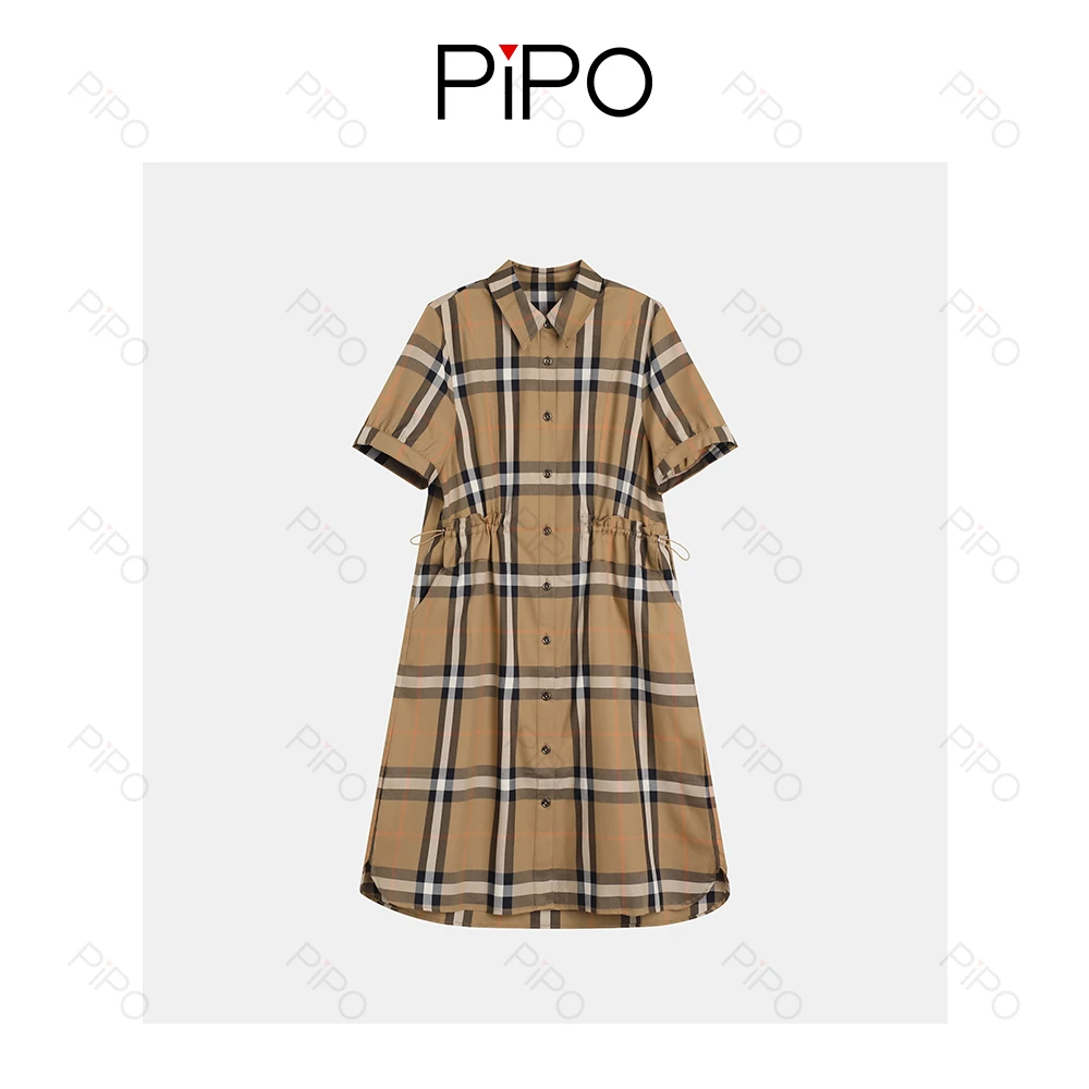 PIPO夏季短袖格纹中长款收腰显瘦气质英伦风连衣裙DD52L131