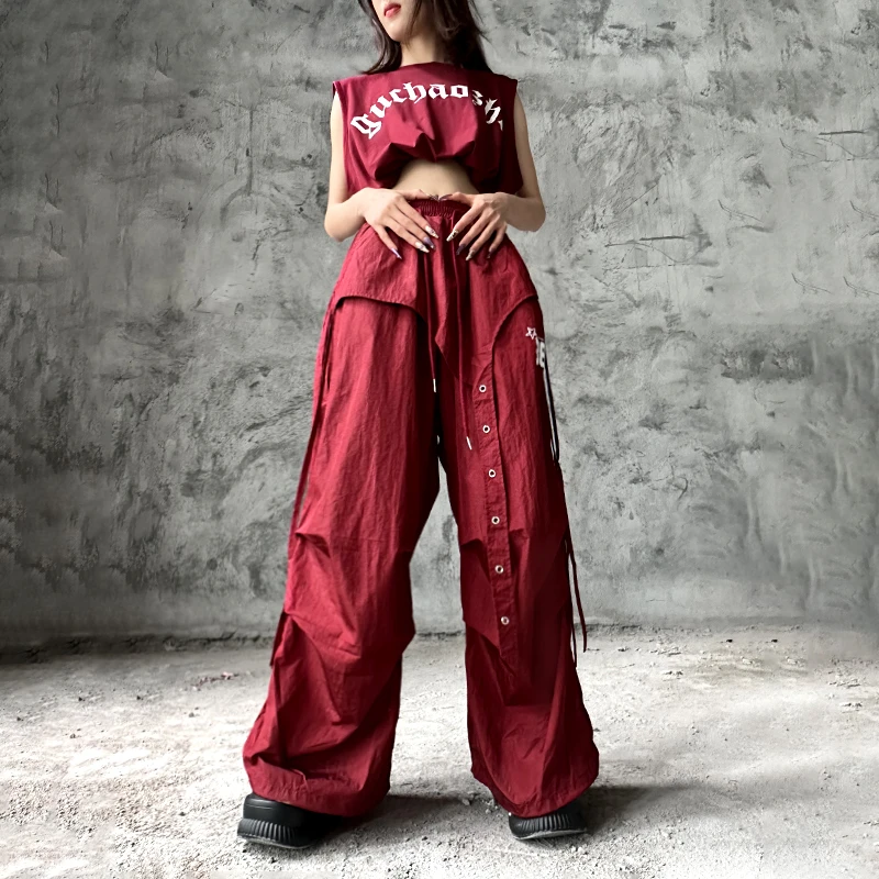 十三姨街舞潮牌不规则叠穿抽褶长裤爵士抽绳跳舞长裤嘻哈休闲裤