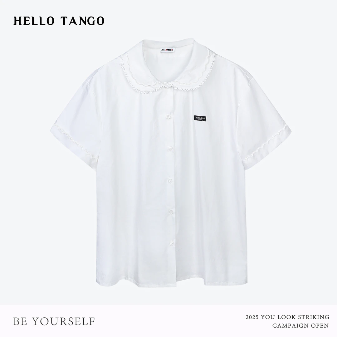 HELLOTANGO《初恋往事》元气甜美校园风花边刺绣短袖衬衫64033#