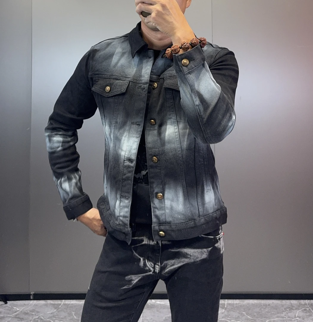 秋季水洗黑色渐变男士夹克时尚弹力翻领修身牛仔衣6372