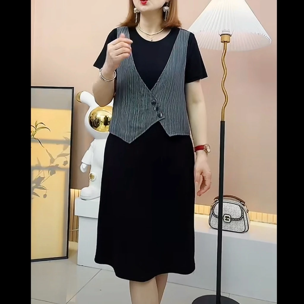 801中长款洋气连衣裙女神短袖拼接假两件气质时尚休闲宽松显瘦