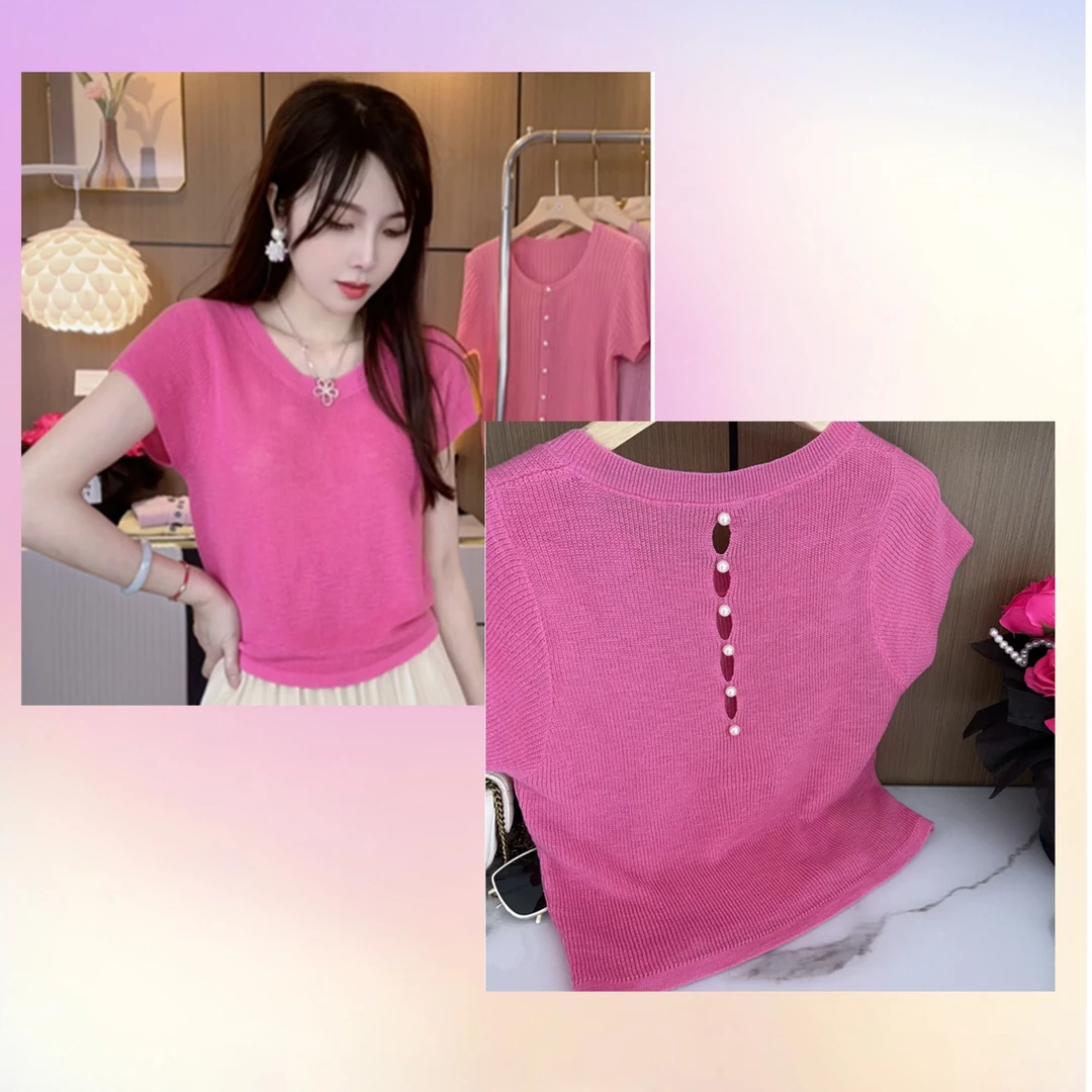 2025夏季新款重工针织衫设计感后背珍珠扣修身显瘦上衣潮洋气甜美