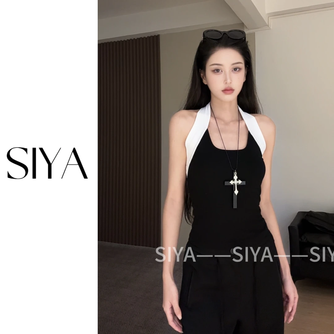 【SIYA】复古辣妹撞色挂脖拼接吊带背心2025夏季新款U领修身上衣