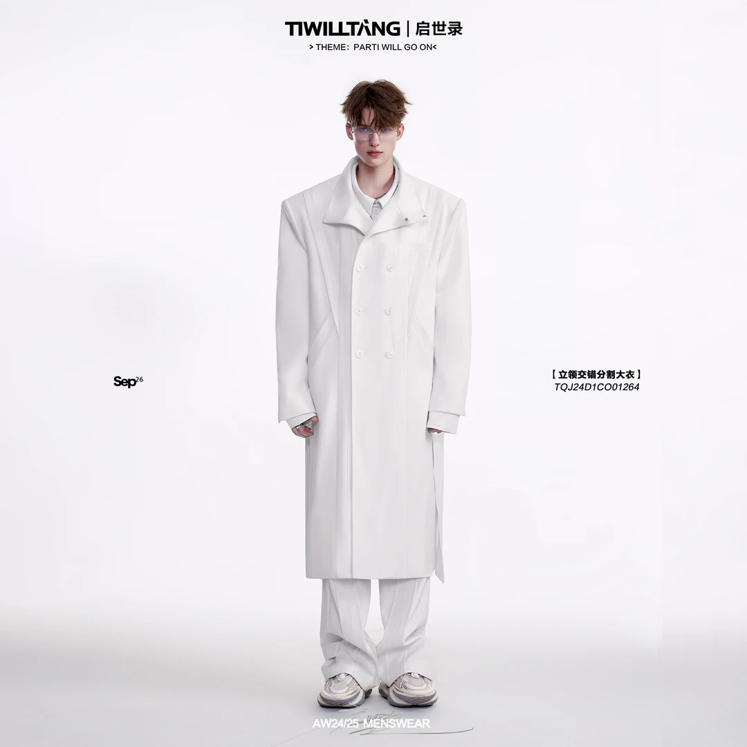 TIWILLTANG启世录“鉴郁结际”交错镂空大衣男中长款立领分割大衣