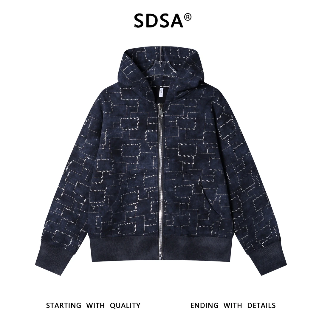 SDSA秋冬新款痞帅男装复古不规则图形滴胶开衫拉链连帽卫衣百搭