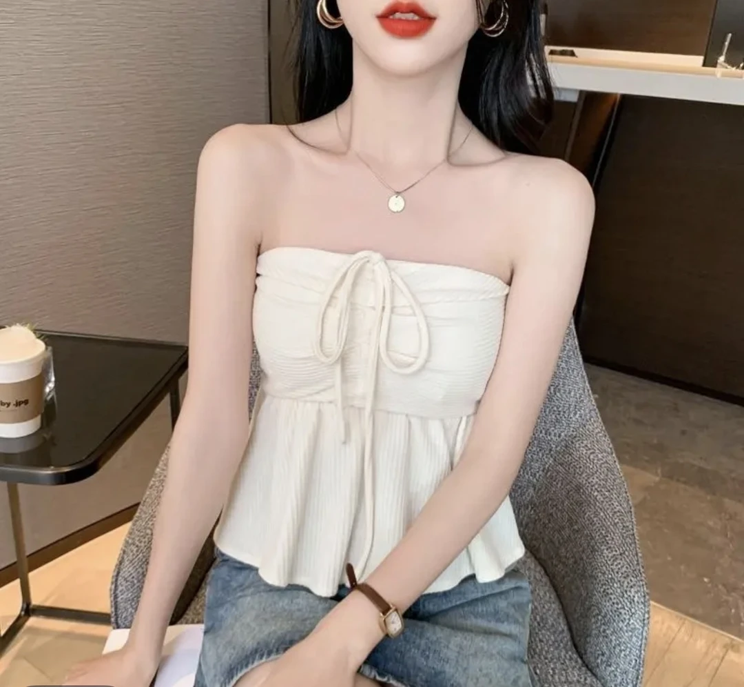 夏季纯色气质挂脖小吊带背心女抹胸收腰裙摆短款露肩设计感上衣
