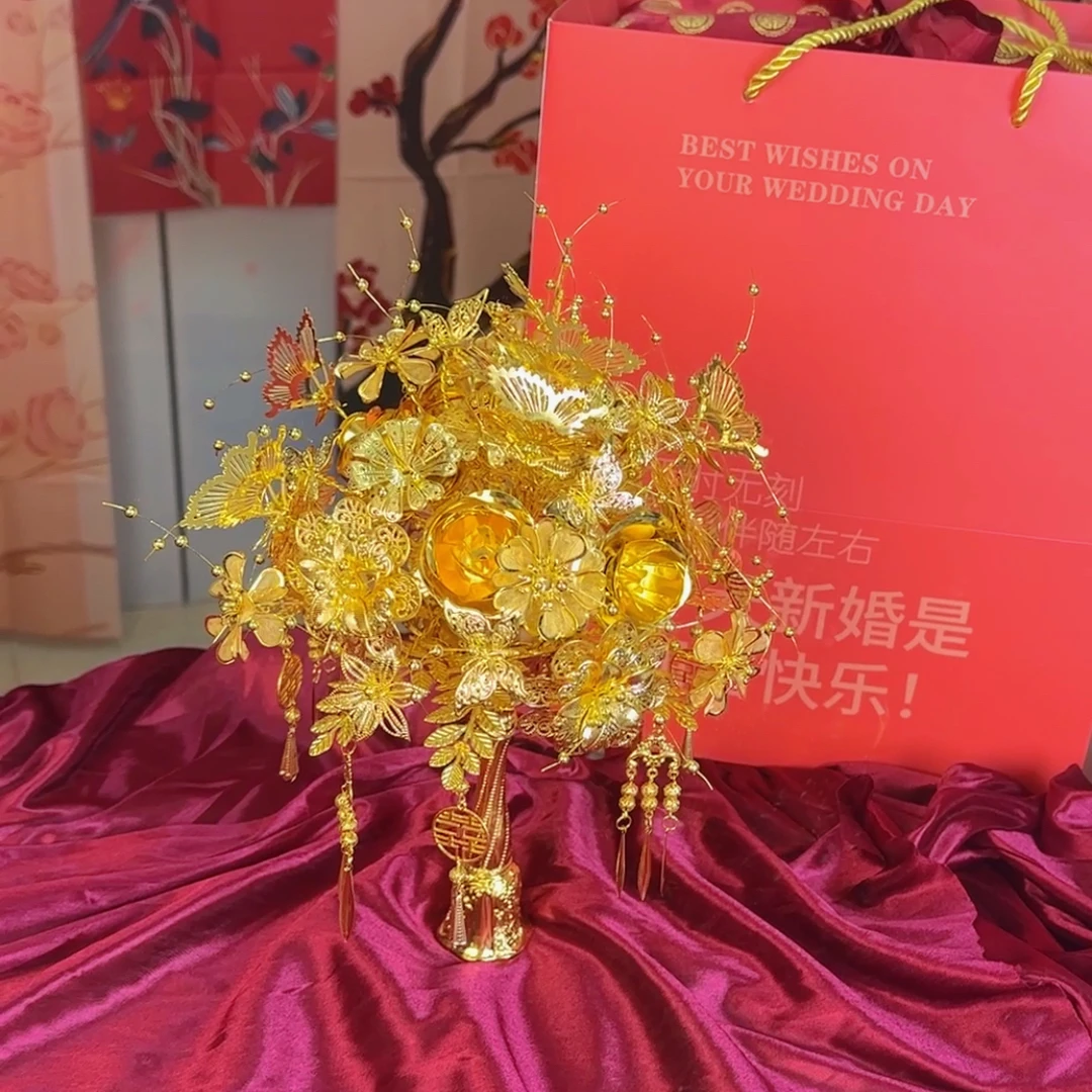 新款金色手捧花DIY材料包手工高级玫瑰花成品婚礼送新人闺蜜礼物
