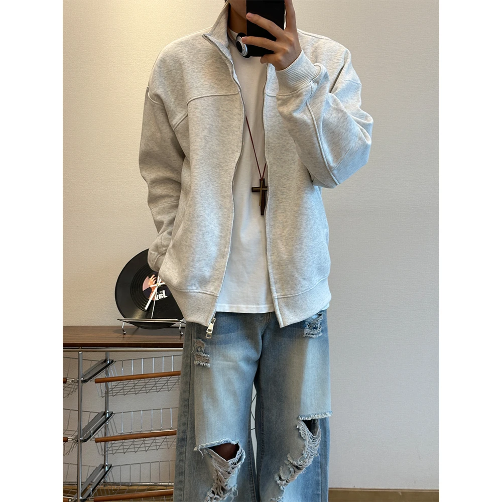 美式复古立领卫衣男款秋季痞帅cleanfit外套运动休闲阔版重磅上衣