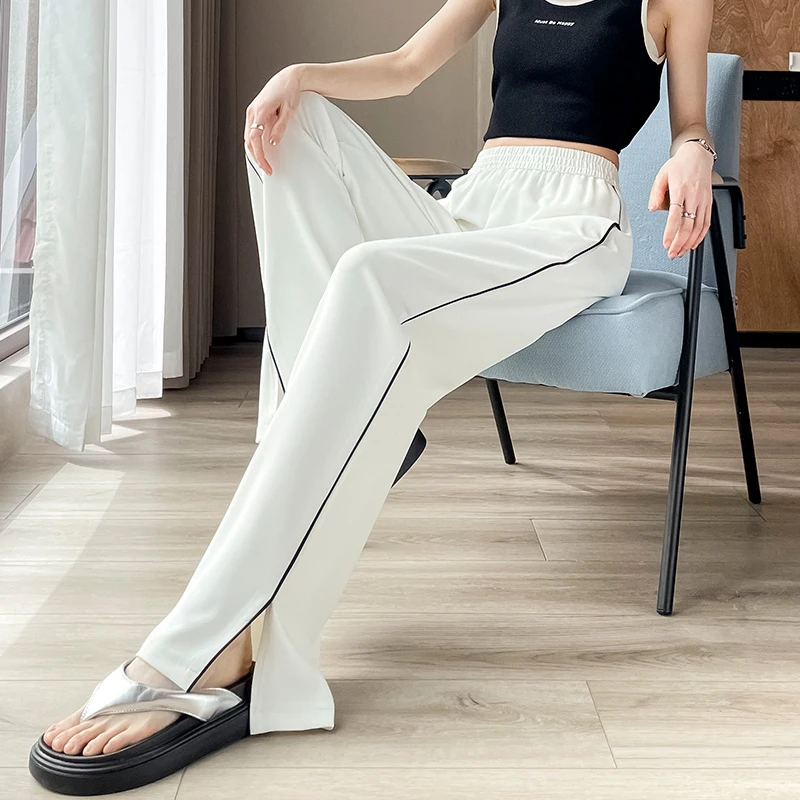 白色冰丝阔腿裤女夏季薄款2025新款侧开叉高腰直筒休闲运动裤
