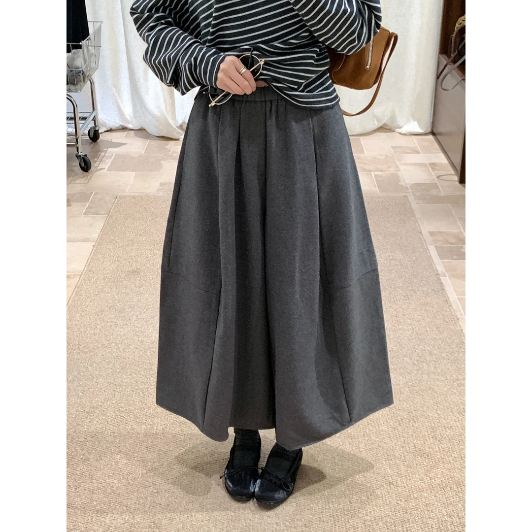 韩系显瘦深灰毛呢阔腿裤女秋冬慵懒风松紧腰气球八分裤潮A字裤裙