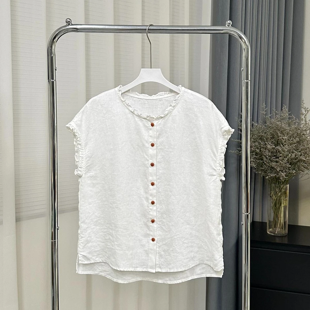 宽松显瘦时尚百搭通勤夏季新款花边袖衬衫纯色花边领气质减龄上衣