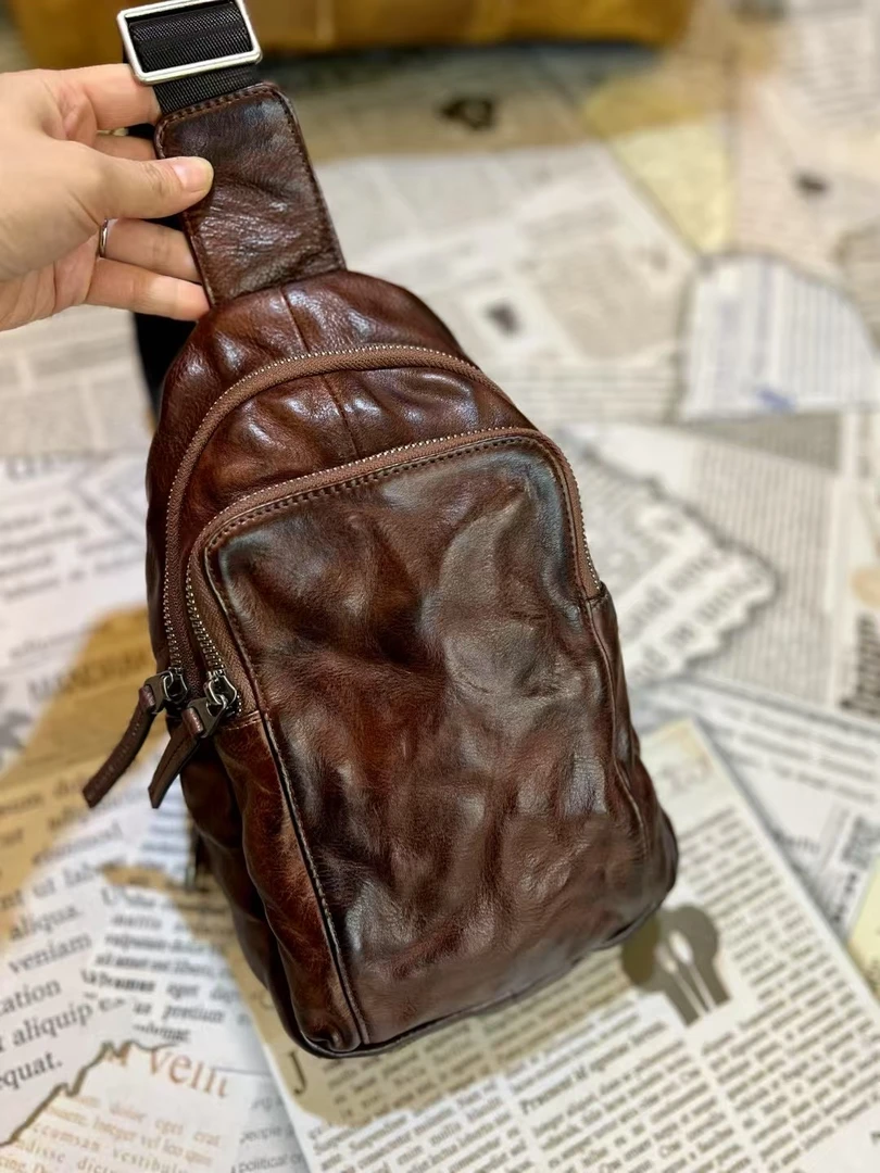 【犀牛工匠 X088-2】胸包 植鞣牛皮设计师款  真皮斜挎包  男士包