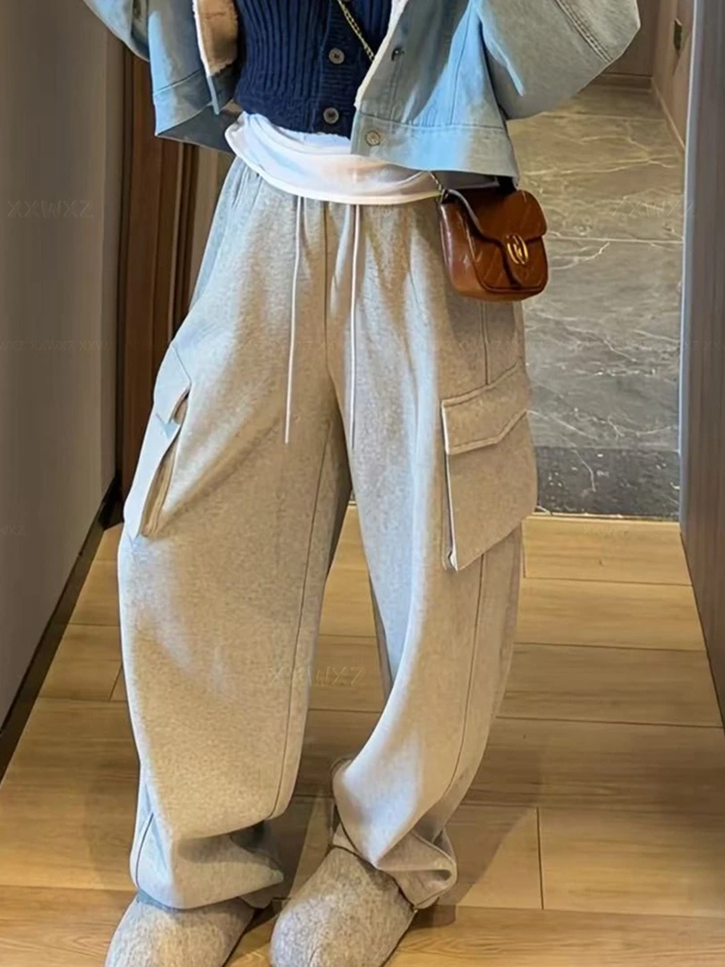 秋季新款高腰工装风加绒加厚阔腿裤女宽松时尚显瘦百搭休闲长裤子