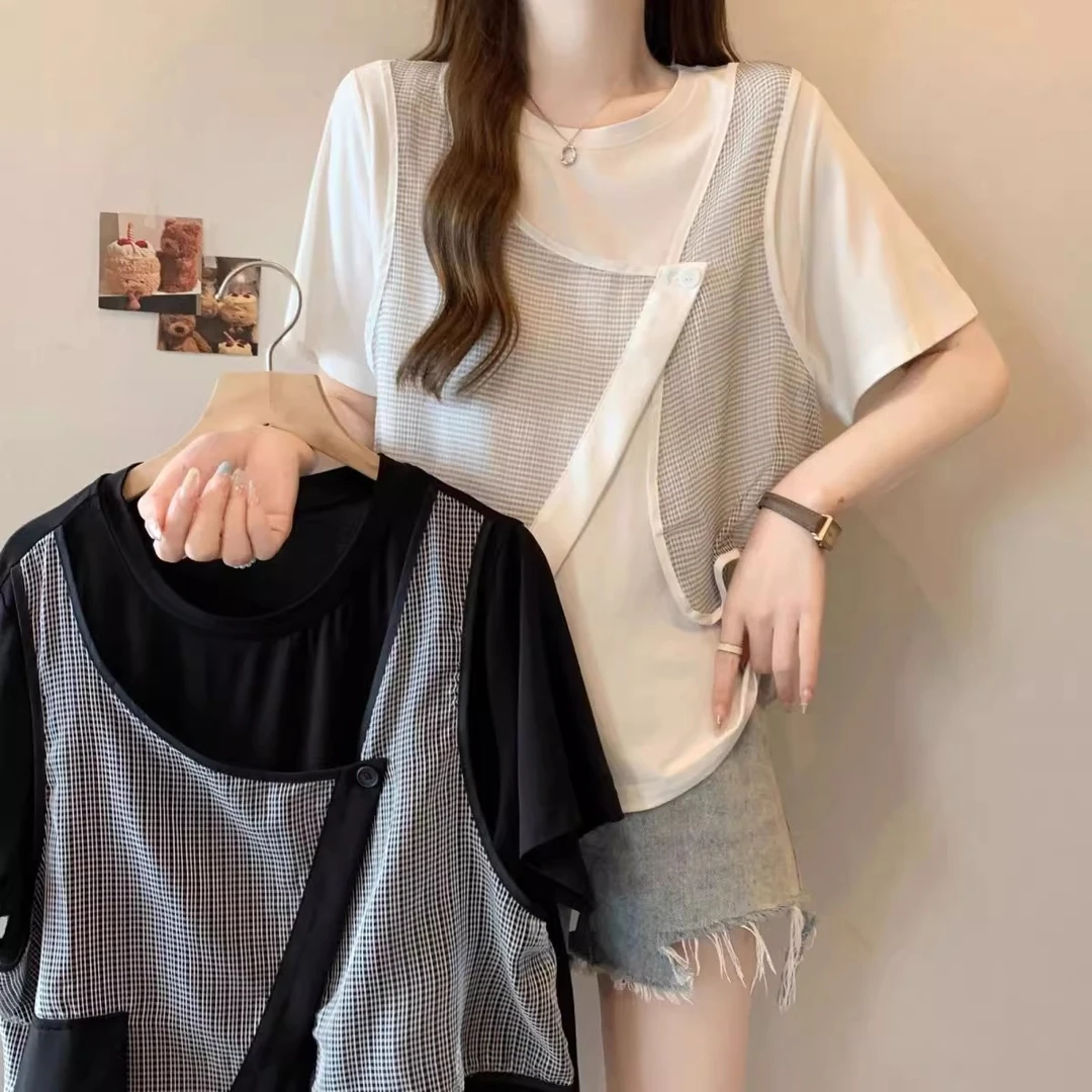 特大码300斤韩版不规则拼接短袖T恤女夏季时尚设计感遮肚显瘦上衣