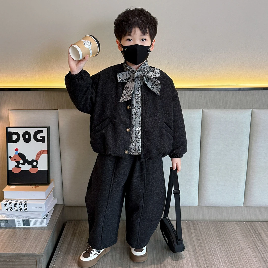 男童秋冬外套加绒三件套装儿童韩版休闲衬衫2025新款宝宝毛呢衣服