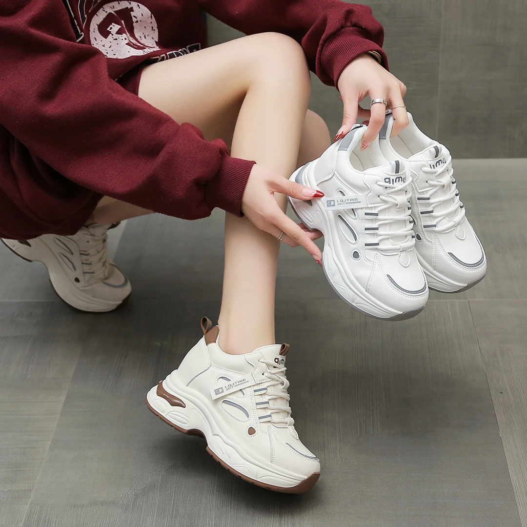 8cm厚底内增高老爹鞋2025春秋季新款小个子ins百搭休闲运动小白鞋