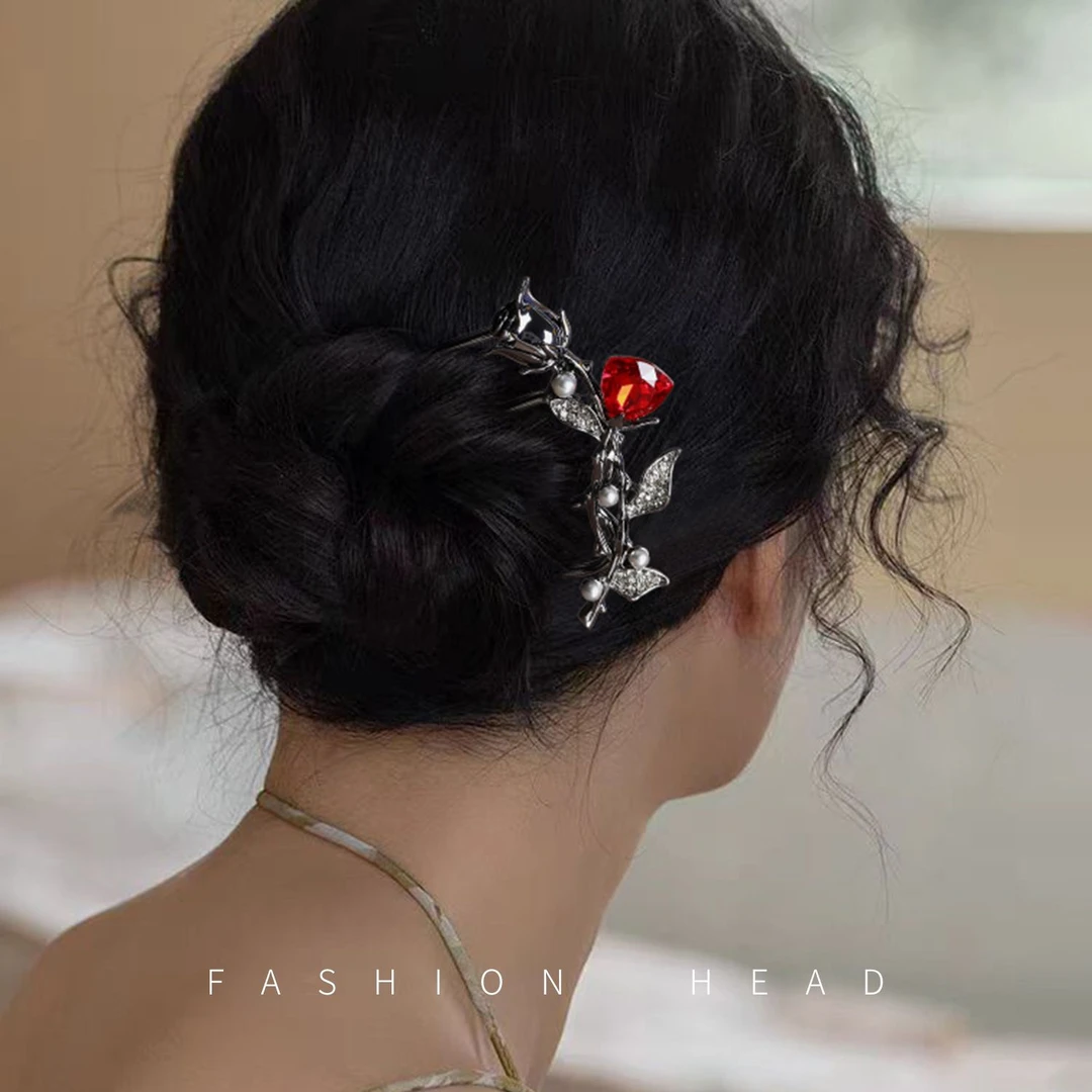 盘发步摇u型发簪新中式2024新款簪子高端日常通勤女红水晶发饰