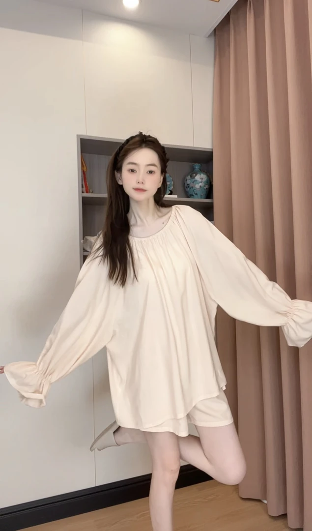 （外出服）棉绸外穿女装一字肩套装人造棉纯色简单大码宽松长袖时尚