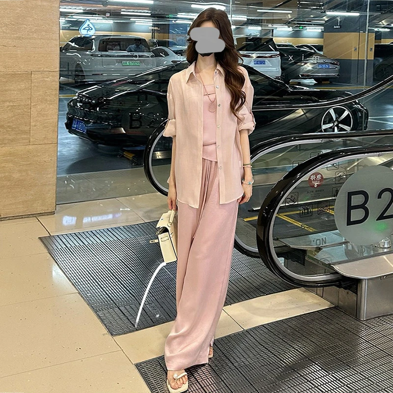 欧货休闲衬衫吊带背心阔腿裤三件套2025夏蕾丝蕾丝吊带阔腿裤套装