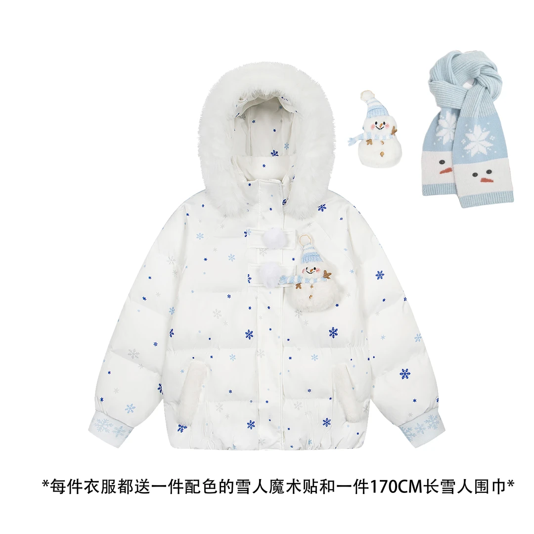 AMER  连帽满印可拆卸DIY 雪人IP毛领围巾连帽棉服