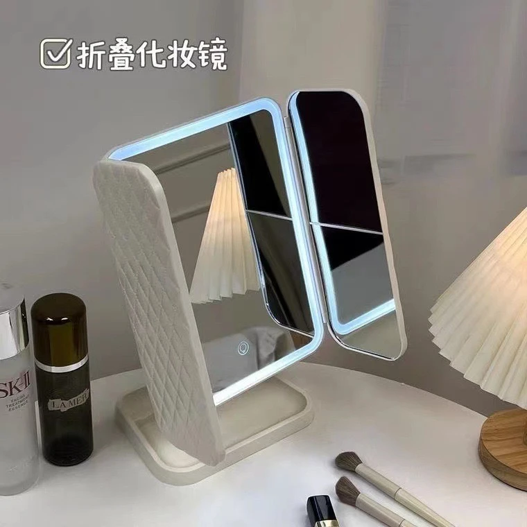 轻奢led灯台式便携旋转贝壳带灯补光双开门化妆镜折叠宿舍梳妆镜