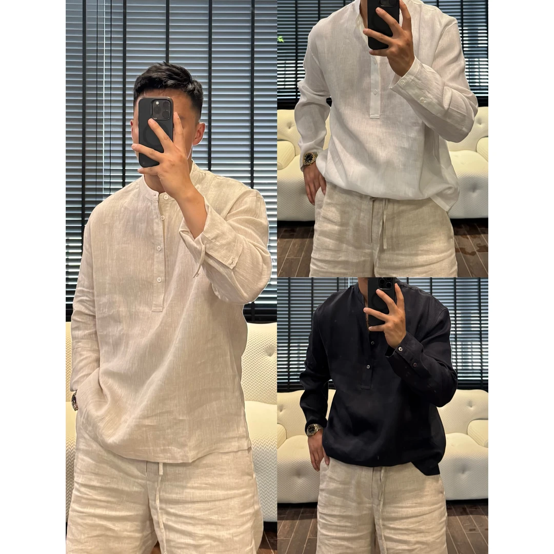 【100%亚麻老钱风衬衫】2025夏季半开门襟慵懒透气长袖衬衫+22738