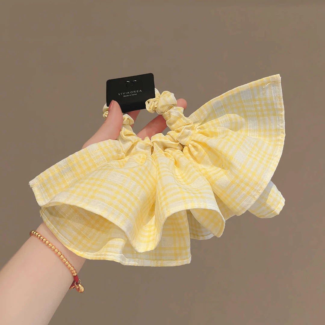 韩版小众黄色格纹裙摆发圈气质后脑勺扎马尾小肠圈布艺品质头绳女