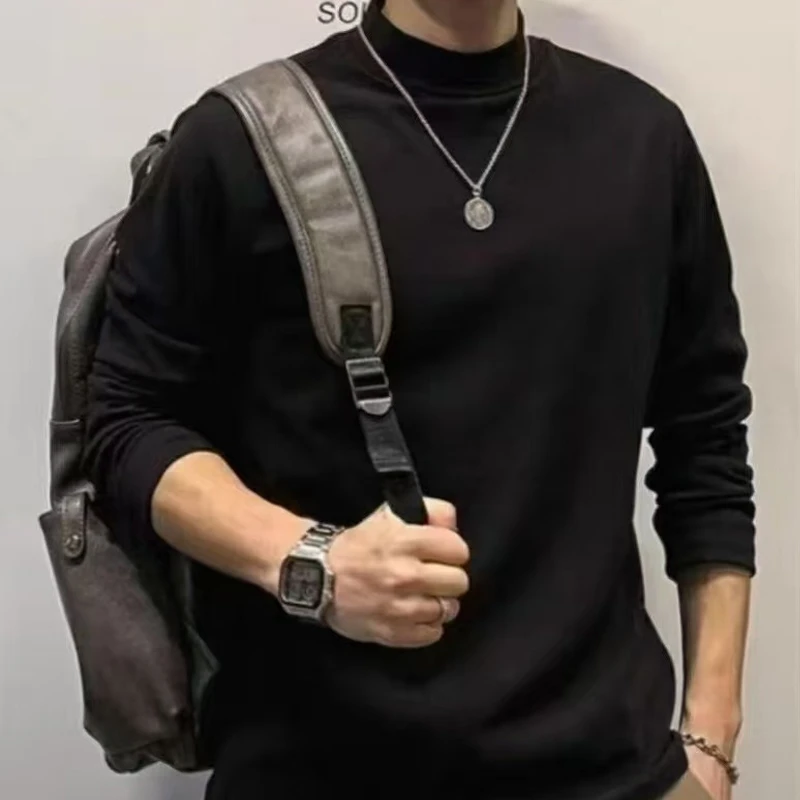 秋冬季半高领打底衫男女同款双面德绒韩版修身款打底衫长袖T恤衫