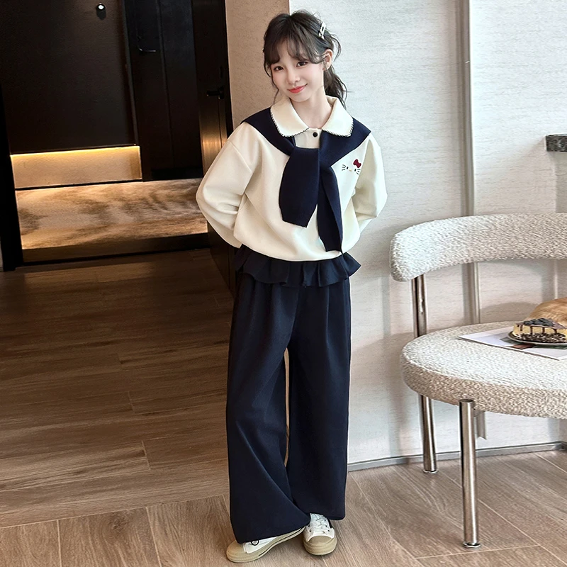 女童秋季学院风套装2025新款洋气韩版女大童翻领POLO衫披肩休闲裤