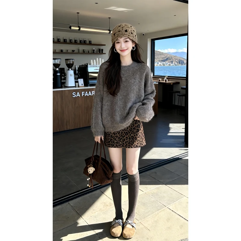 MARIE.COCO韩系新款慵懒风复古针织上女搭豹纹半身裙秋冬时尚套装