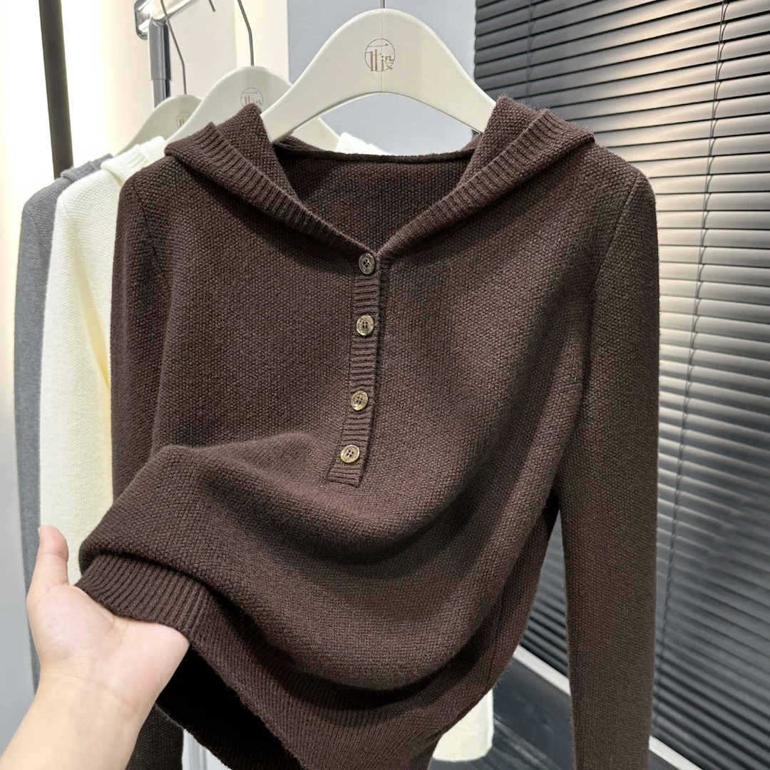 美拉德咖色连帽针织衫上衣女秋冬新款宽松百搭长袖打底毛衣T恤潮