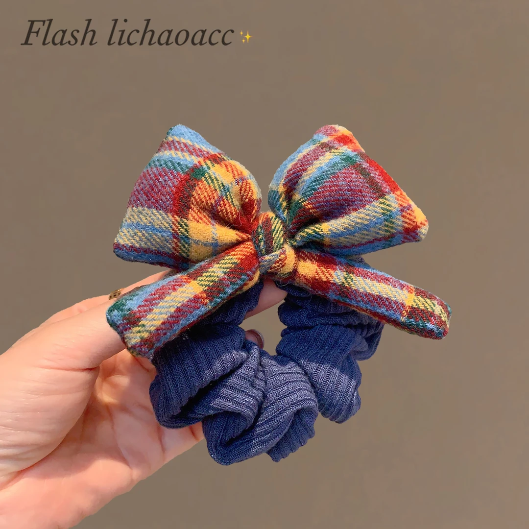 韩系时尚复古格纹蝴蝶结发圈品质针织肠圈头绳2025秋冬新款发绳女