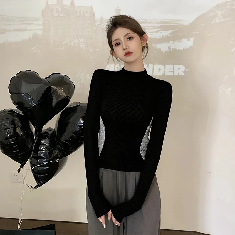 灰色半高领打底衫女秋冬内搭长袖新款拼色修身显瘦弹力软糯打底衫