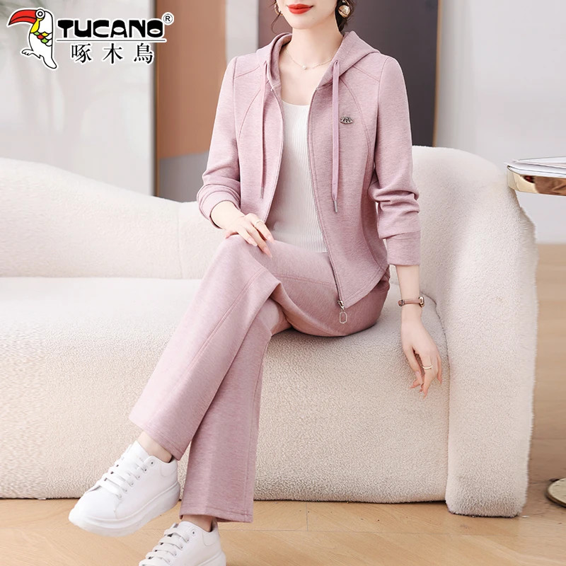 啄木鸟运动服套装女春秋2025新款洋气减龄妈妈春装连帽外套两件套